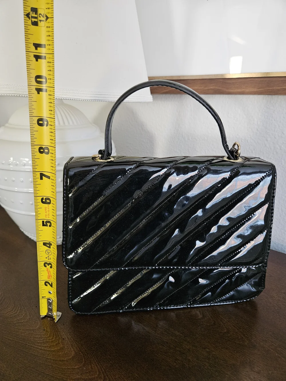 80s Style Faux Patent Leather Top-Handle Bag in Black